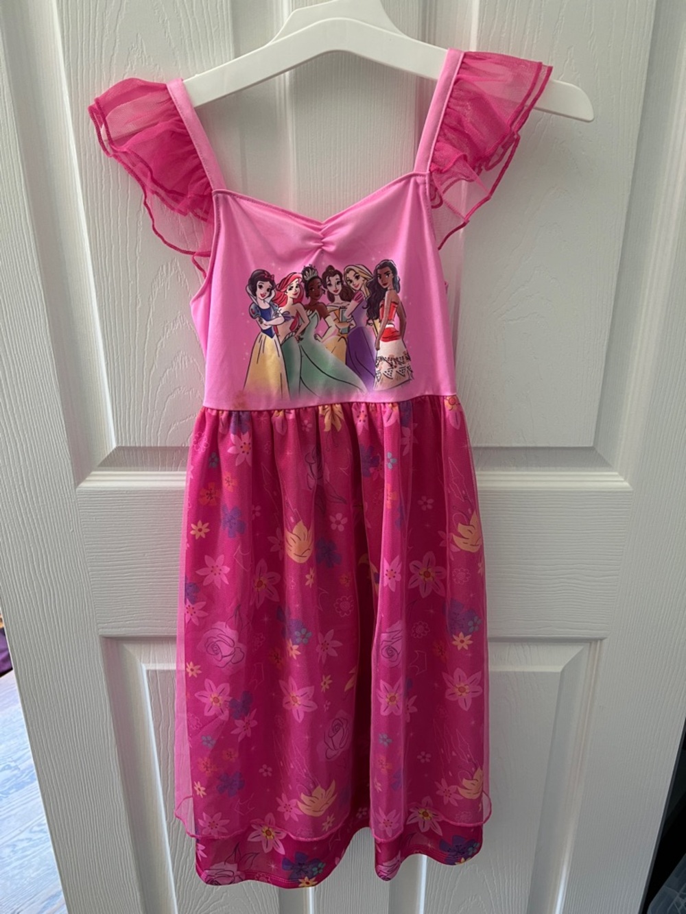 Disney Pink Princess Sleeveless Nightgown with Floral Dress Flutter Lace